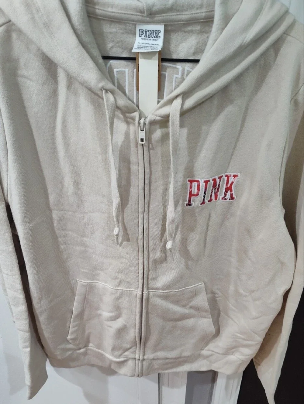 PINK Victoria's Secret Beige Zip-Up Hoodie with Red Logo - Picture 2 of 7